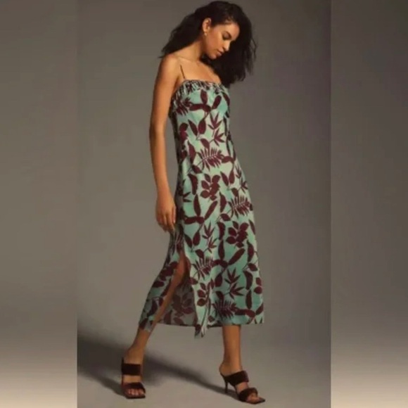 Anthropologie Dresses & Skirts - Anthropologie Teal and Burgundy Floral Midi Square Neck Slip Dress size Medium